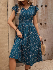 Elegant Floral V Neck Short Sleeve Vacation Dress