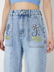 Straight Embroidered Loose High Waist Denim Jeans