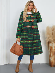 Horn Button Loose Retro Check Hooded Warm Plaid Long Coat