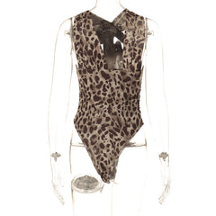 Leopard Print Asymmetric Pleated Mesh Bodysuit