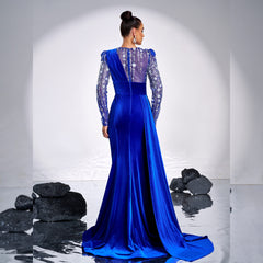 Long Sleeve Rhinestone Sequined Split Evening Dress