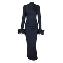 Long Sleeve Mock Neck Sheath Split Formal Dress