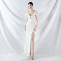 Elegant Ostrich Feather Sequin Evening Dress