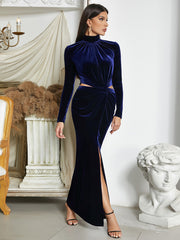 Half Turtleneck Blue Long Sleeve Cutout Split Evening Dress