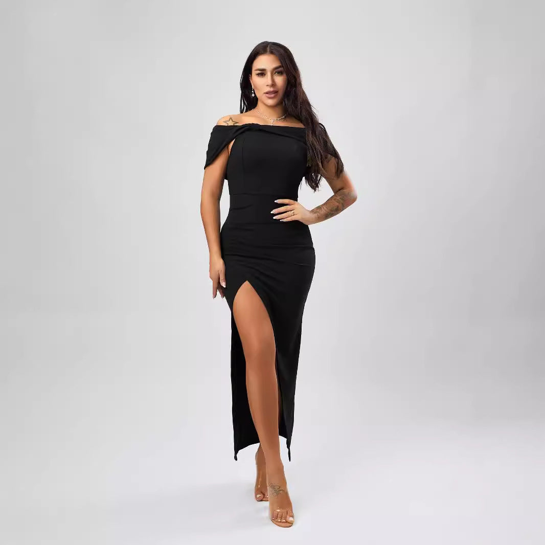 Sexy Solid Color Off Neck Tight Slit Formal Dress