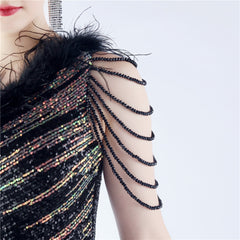 Elegant Gradient Sequin Beaded Feather Evening Dress