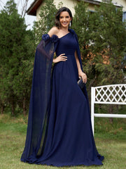 One Shoulder Blue Chiffon Ribbon Fishtail Cocktail Evening Dress