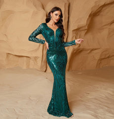 Long Sleeves Elegant Sequined Evening Dress