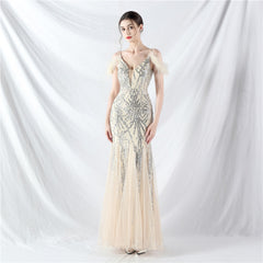 Elegant Ostrich Feather Mesh Sequin Evening Dress