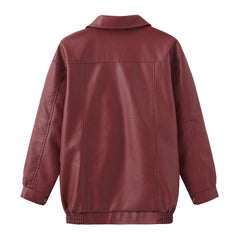 Women Long Sleeve Collared Loose Leather Jacket