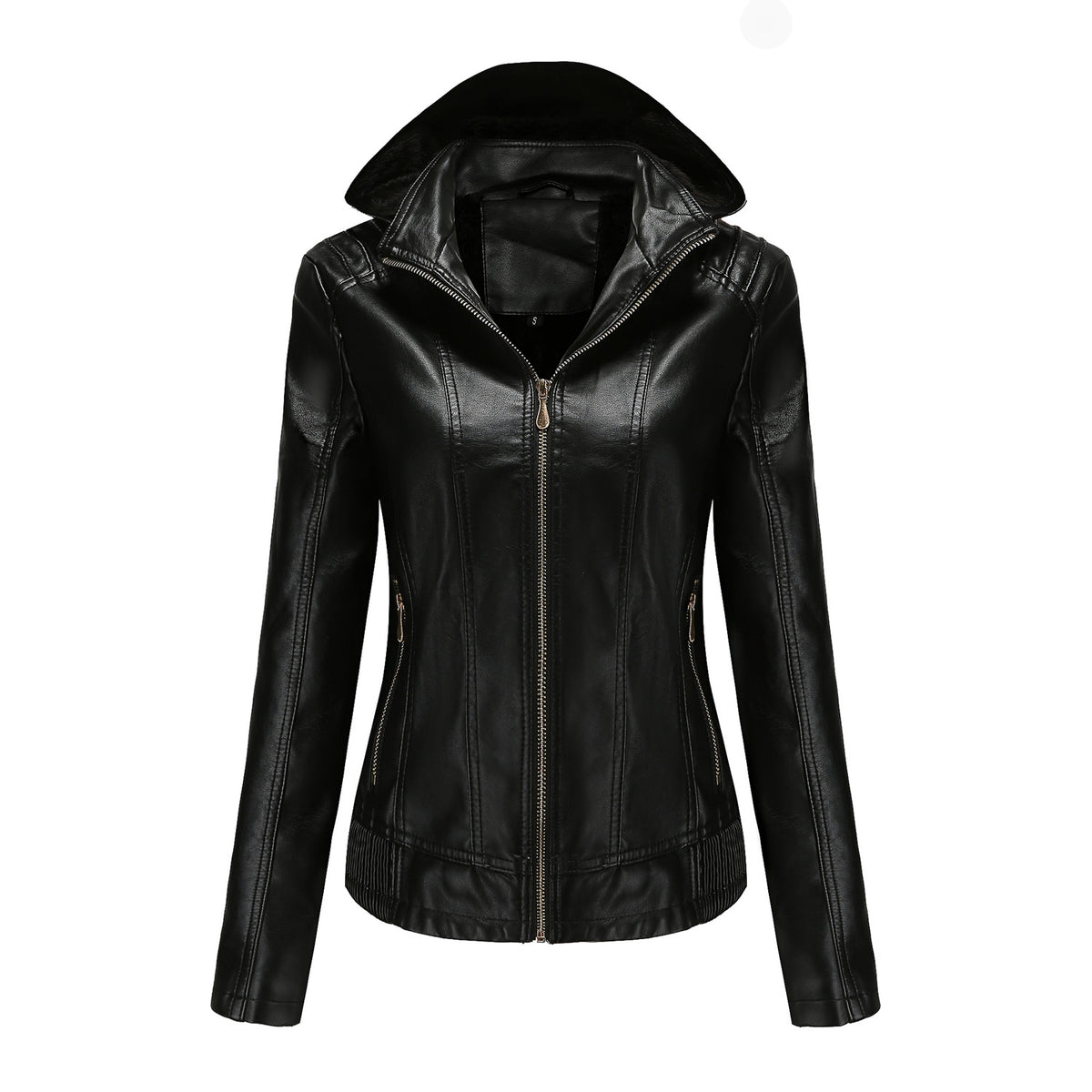 Women's Detachable Hat Hooded Fleece-Lined Leather Jacket