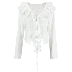 Ruffled White Crepe Casual Long Sleeve Blouse