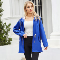 Women Hooded Striped Raincoat Mid Length Trench Coat