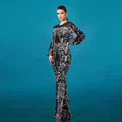 Long Sleeved Round Neck Sequined Sheath Evening Dress