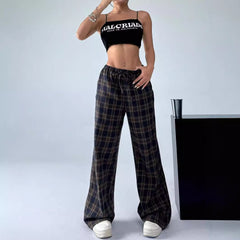 Women Casual Plaid Loose Straight Leg Pants