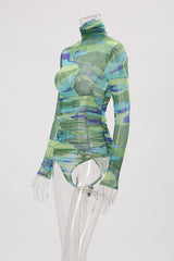 Long Sleeve Turtleneck See Through Printed Bodysuit