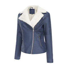 Women Fleece lined Long Sleeve Warm Fur Leather Jacket