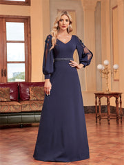 Long Sleeve Rhinestone Backless Evening Dress