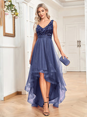 Women Chiffon Double V Neck A Line Sequin Evening Dress