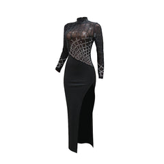 High Collar Long Sleeve Rhinestone High Slit Party Dress