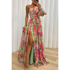 Loose Multi Color One Shoulder Split Formal Dress