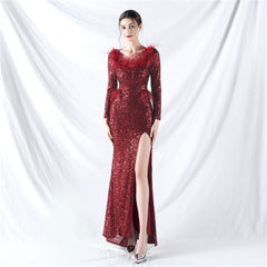 Ostrich Feather Long Sleeve Sequin Evening Dress