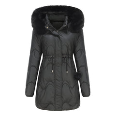 Women Detachable Hat Wool Warm Parka Mid Length Coat