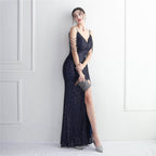 REVCHIC LUXE Elegant V-Neck Sequin Split Maxi Gown