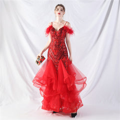 Elegant Ostrich Feather Mesh Floral Sequin Formal Dress