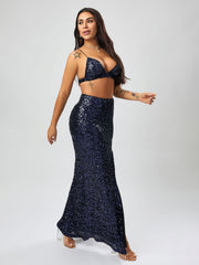 Sexy Sequined High Slit Skirt Set