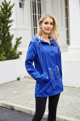 Women Hooded Striped Raincoat Mid Length Trench Coat