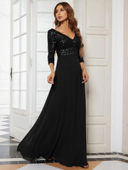 Women Chiffon Double V Neck Sequin Evening Dress