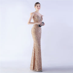 Elegant  Ostrich Feather Sequined Long Evening Dress