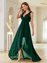 Pleated Backless V neck Chiffon Evening Dress