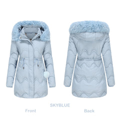 Women Detachable Hat Wool Warm Parka Mid Length Coat