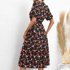 Women Collared Floral High Waist Vacation Dress