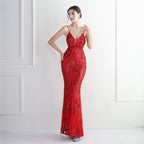 REVCHIC LUXE Elegant V-Neck 3D Floral Sequin Maxi Gown