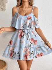 Sexy Small Floral Waist Ruffled Cami Vacation Dress