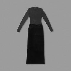 Black Long Sleeve Mesh Velvet Stitching Formal Dress