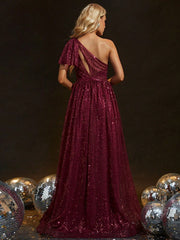 Elegant Tie Neck Sequined One Shoulder Evening Dress