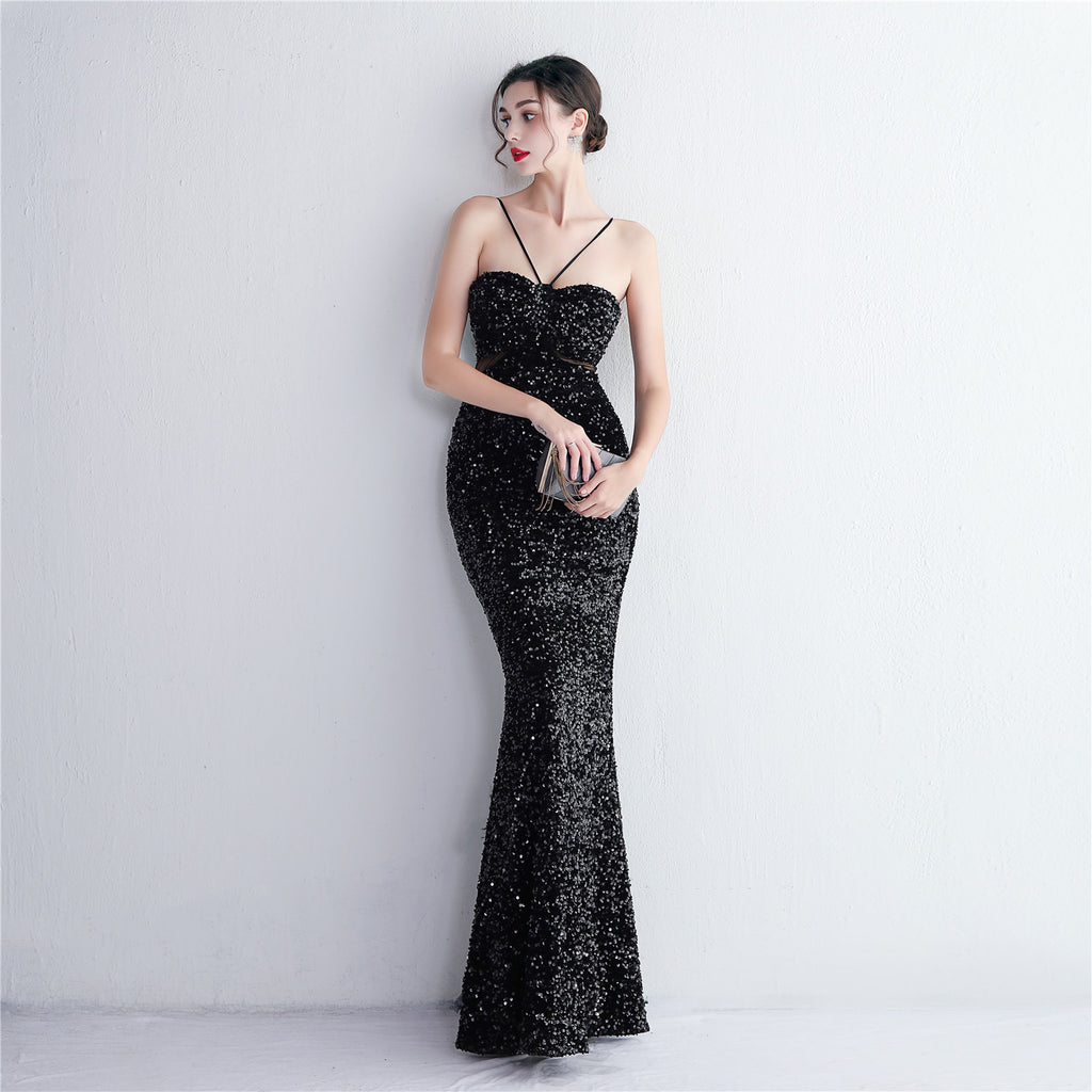 REVCHIC LUXE Elegant Halter Sequin Ruched Maxi Gown