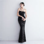 REVCHIC LUXE Elegant Halter Sequin Ruched Maxi Gown