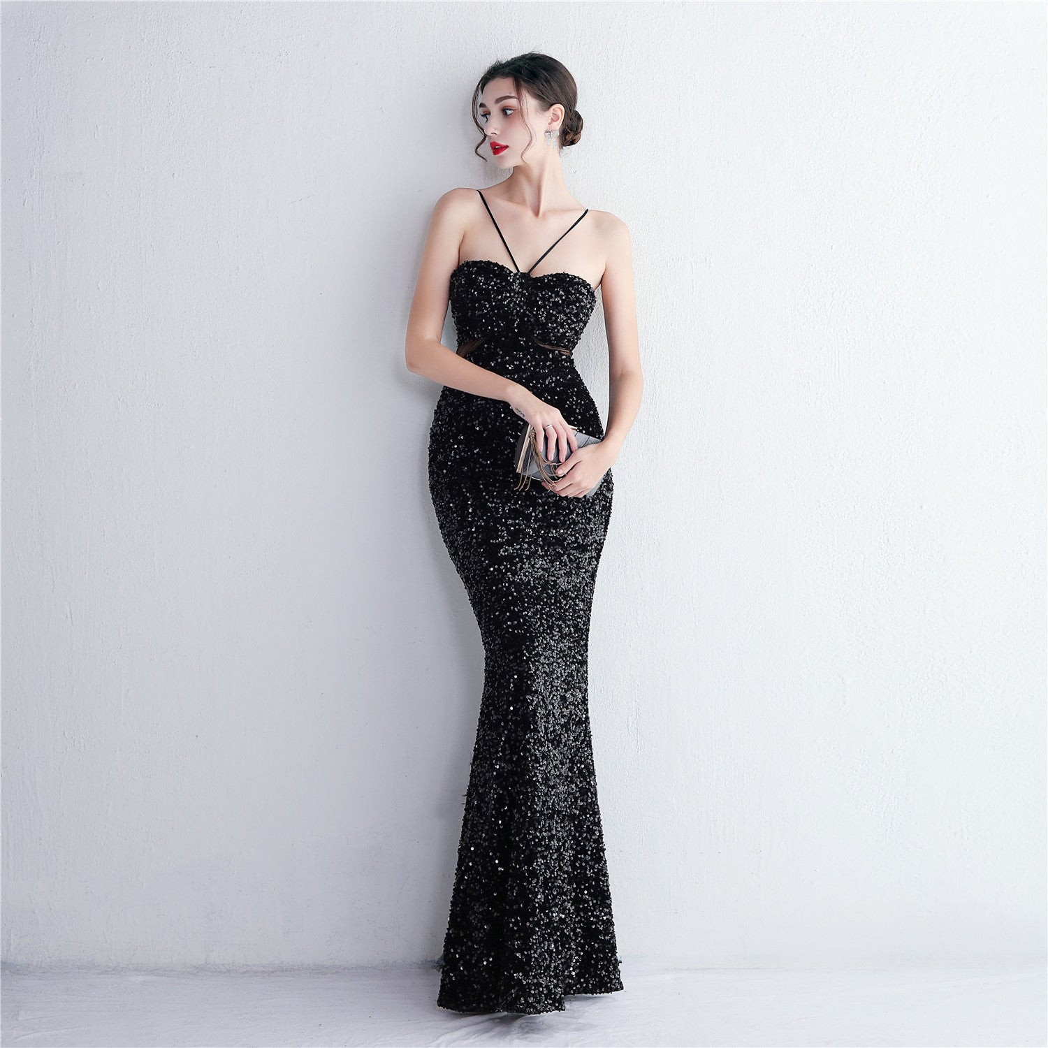 REVCHIC LUXE Elegant Halter Sequin Ruched Maxi Gown