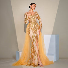 Long Sleeve V neck Sequin Mesh Evening Dress