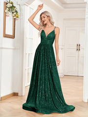 Sexy Backless Deep V Plunge Neck Sequined Evening Dress