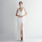 REVCHIC LUXE Elegant V-Neck Beaded Satin Maxi Gown