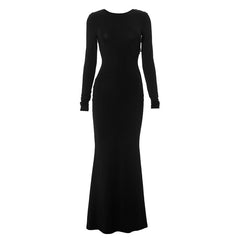 Women Backless Bow Long Sleeve Narrow Maxi Formal Dress