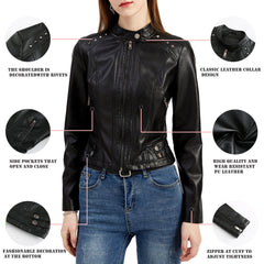 Women Rivets Leather Short Thin Stand Collar Jacket