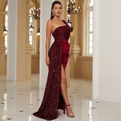 Elegant Sequined One Shoulder Backless Evening Dress