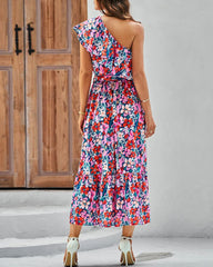 Summer Printed One Shoulder Ruffles Sleeveless Vacation Dress